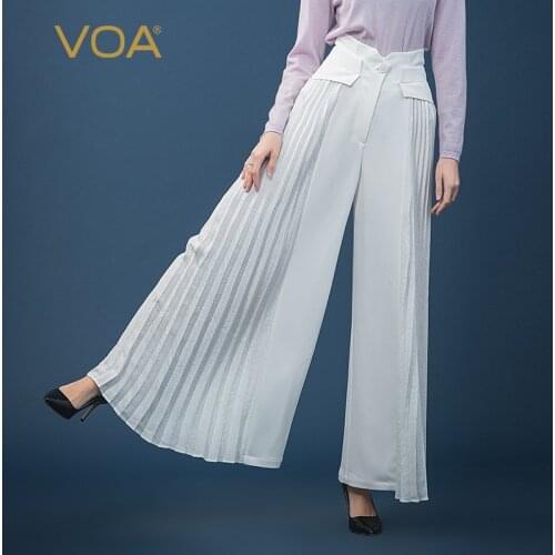 VOA Silk Classic White Organ Pleat Jacquard Stitching High Waist One Button Long Elegant Wide Leg Culottes K1227