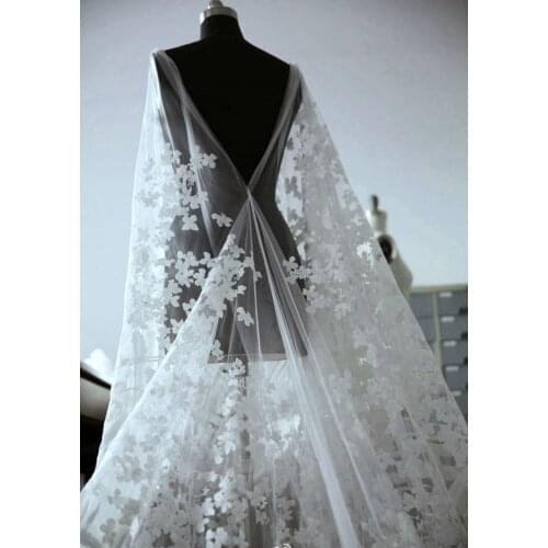 High end elegant fine workmanship tulle mesh embroidered ivory white wedding lace fabric