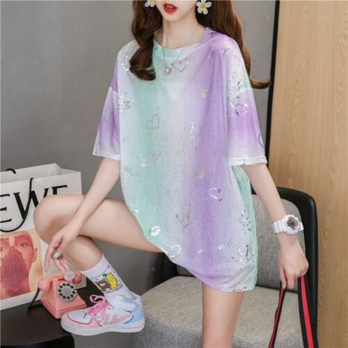 Short-sleeved T-shirt Female 2021 New Student Gradient Color Summer Korean Loose Western Style Cover Belly Tops for Women