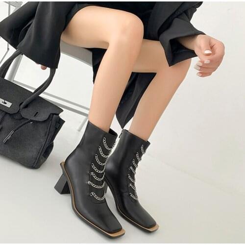 Retro metal chain thick heel womens short boots wild square toe high heels Martin boots rear zipper single boots womens shoes