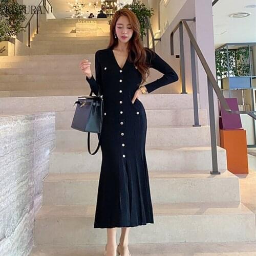 Black Korean Sweater Single-breasted Knitted Long Dress Women V-neck Mermaid Dresses Elegant Fashion Ladies Vestidos Femme 2021