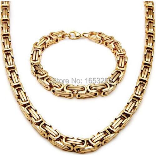 One set Gold Huge 9mm stainless steel Fashion Byzatine Chain Link necklace + bracelet Set Mens Cool Jewelry set
