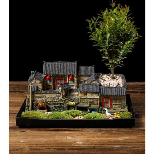 Chinese Retro Micro Landscape Old House Flowerpot Landscape Creative Potted Indoor Succulent Plant Asparagus Fern Bonsai