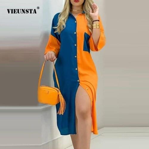 Elegant Turn-Down Collar 3/4 Sleeve Dress 2021 Summer Sexy Shirts Patchwork Pocket Dress Fashion Print Button Long Party Dresses