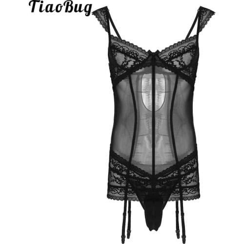 TiaoBug Mens Sheer Mesh Crossdress Lingerie Set Adjustable Straps Floral Lace Sissy Garters Mini Dress With G-String Underwear