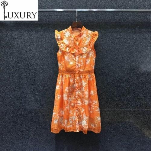 Summer New Arrival 2020 Style Women Exquisite Embroidery Ruffle Patchwork Tunic Button Up Sleeveless A-Line Orange Dress