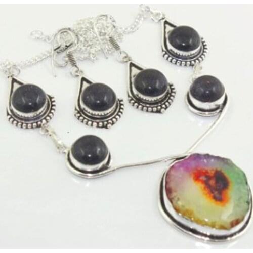 Multi color Solar Quarts & Black Onyx Necklace Earings Silver Overlay over Copper, 44 cm, N3333