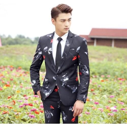 Singer mariage groom wedding suits for men printing blazer boys prom suits fashion slim masculino latest coat pant designs black