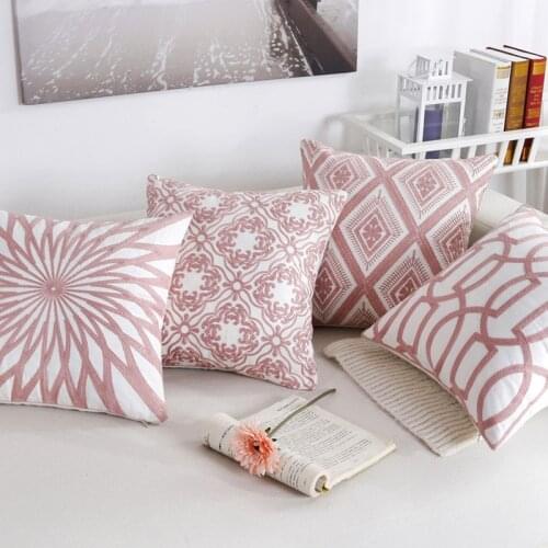 Pillow Cases Nordic Pink White Striped Geometric Embroidery Cushion Cover Polyester Cotton One Side Home Square Embroidered
