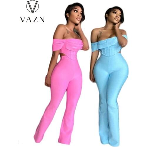 VAZN 2021 New Asymmetrical Set Fresh Clear Sweet Sexy Club Young Strapless Short Sleeve Long Flare Pants Slim Women 2 Piece Set