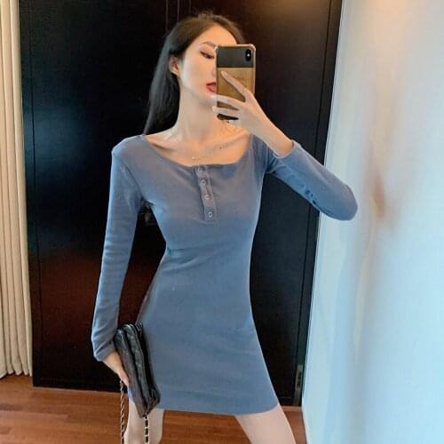 Real Shot 2020 Autumn New Fashion Womens Temperament Sexy Long-Sleeved Slim Stretch Bag Hip Short Dress