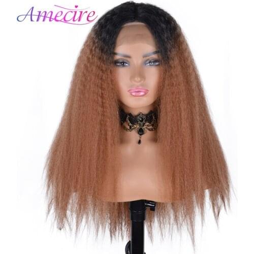 Ombre Brown Yaki Straight Synthetic Lace Wigs For Women 26'' Middle Part Lace Front Heat Resistant Long Straight Wig