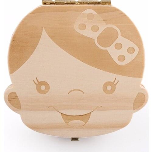 JOYLIVE Natural Wood Case Save Milk Teeth Collection Organizer English Spanish Text Baby Boy Girl Fallen Tooth Box Storage Box