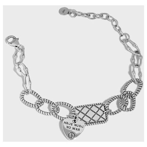 Vintage Retro Hip Hop 925 Sterling silver lattice Square Tag &Peace sign on Heart students Chain Bracelet Wrist Jewelry TLS396
