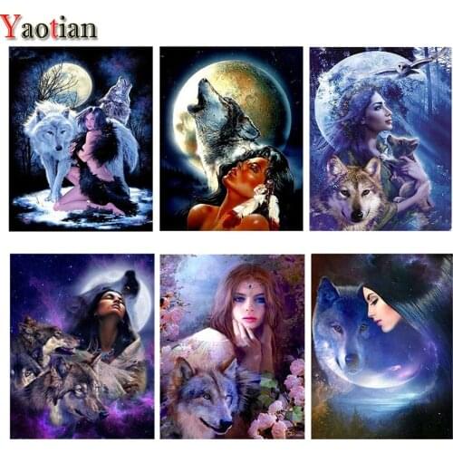 Needlework 5D DIY Diamond Painting Woman And Wolf Moon Cross Stitch Handmade Gift Diamond Embroidery Mosaic Decor Home