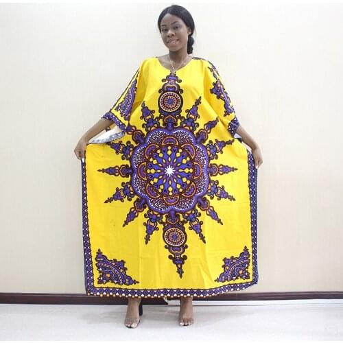 Loose Yellow Maxi Dress 2019 Women Autumn Casual Half Sleeve Print African Long Dreeses