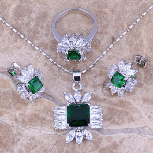 Unique Green Cubic Zirconia White CZ Silver Plated Jewelry Sets Earrings Pendant Ring Size 6 / 7 / 8 / 9 / 10 S0114