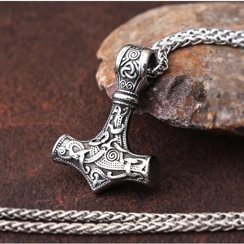 Vintage Viking Warrior Stainless Steel Thors Hammer Pendant and Necklace Punk Rock Street Viking Rune Necklace Mens Jewelry