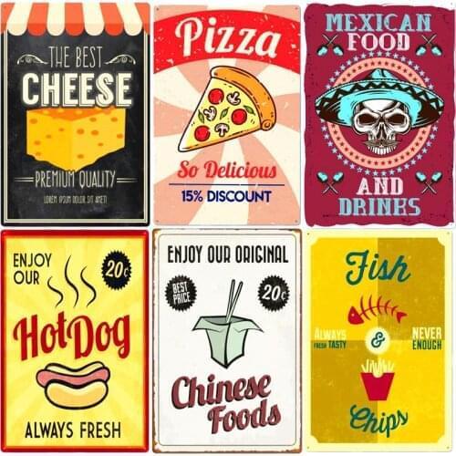 Chinese Foods Vintage Metal Sign Home Kitchen Restaurant Wall Decor Mexican Food Tin Plate Cheese Fish Chips Retro Plaque ZSS79