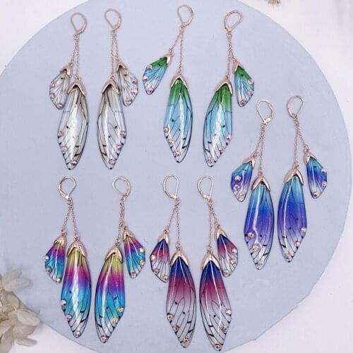 Handmade Colorful Gradient Resin Butterfly Earrings for Women Crystal Foil Double Wing Dangle Drop Earrings Wedding Jewellery