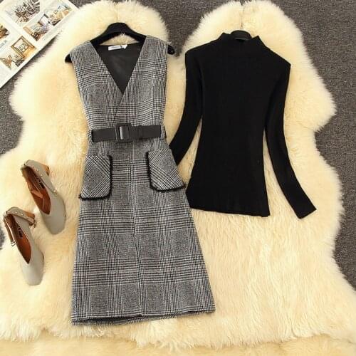 Autumn Winter Tweed 2 Piece Set Women Slim Plaid Woolen Overall Dress Set Fashion Turtleneck Sweater +Ruffle Vest Dress Suit New