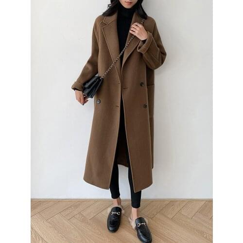 Korean 2021 autumn and winter new double-sided cashmere coat womens medium and long profile knee length wool tweed