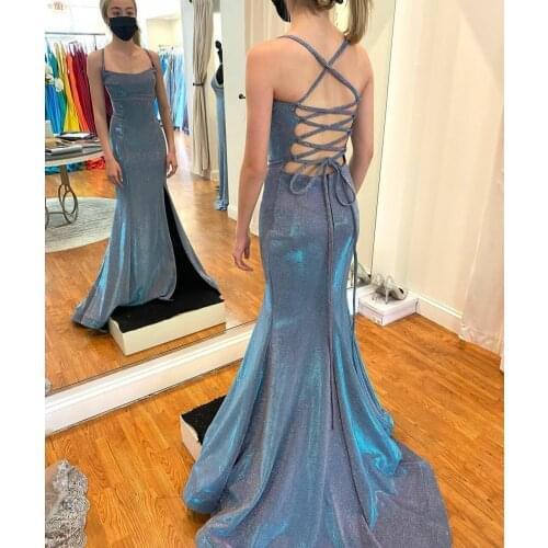 Elegant Long Halter Glitter Mermaid Evening Dresses Sweep Train Corset Back Formal Party Dress for Women