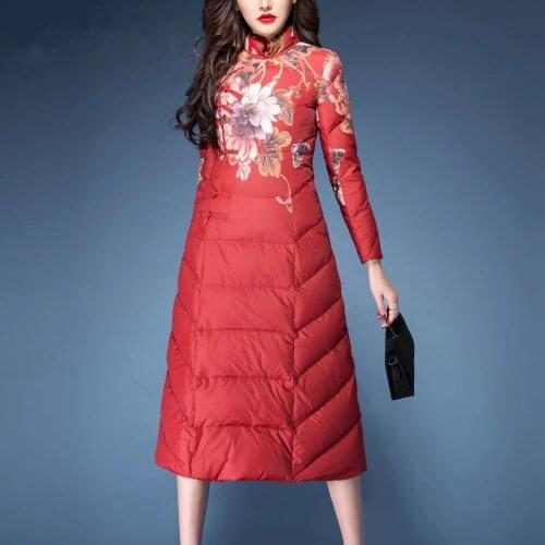Winter Fashion Chinese Womens Stand Collar Floral Printed Warm Padded Parka Coat , 3xl Red Cheongsam Long Coats Parkas for Women
