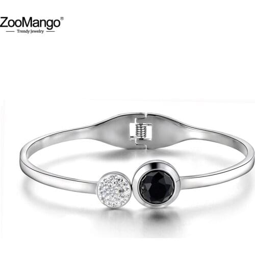 ZooMango Classic Titanium Steel Rhinestone Cuff Bracelets Bangles Luxury Cubic Zirconia Wedding Bangle Jewelry For Women ZB18042