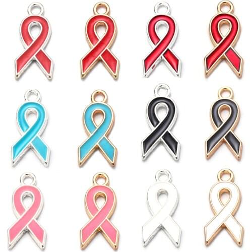 10pcs/lot Breast Cancer Awareness Ribbon Pendant Pink Ribbon Charm Pendants DIY Accessories for Women Jewelry Necklace Bracelet