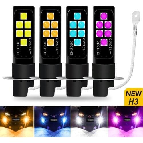 2Pcs H3 Led Bulb LED Fog Lights Super Bright 12SMD Car Foglamp Day Driving Running 12V 6000K Automobile White Orange Pink Blue