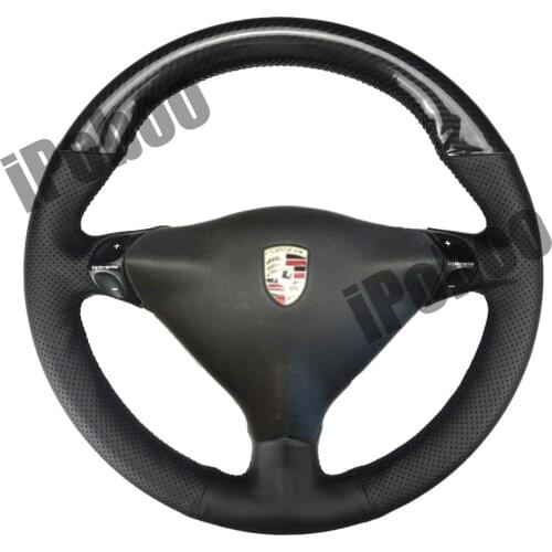 5D Carbon Fiber & Black Hole Leather Steering Wheel Black Stitch on Wrap Cover Fit For Porsche 911 986 996 Boxster S 98-04