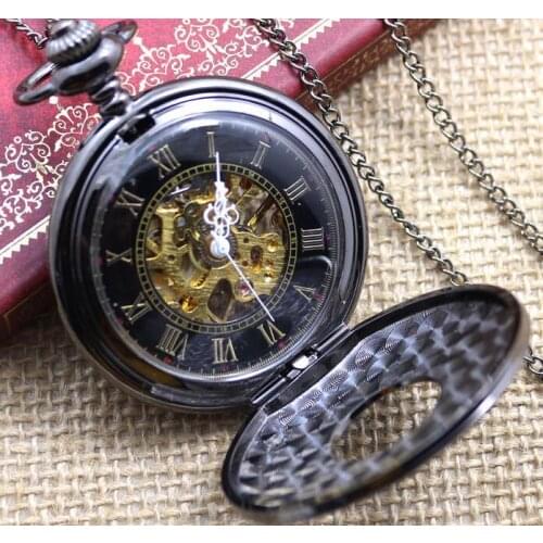 10pcs/lot Vintage Steampunk Black Classical Skeleton Mechanical Pocket Watches Roman Dial Men Watches Gift Collection