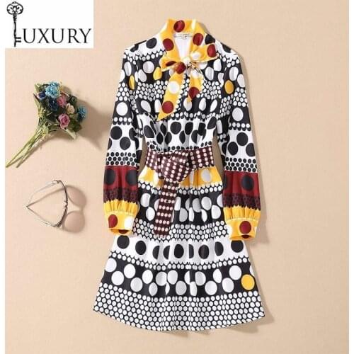 Designer Latest Women Fashion Bow Collar Polka Dot Print Belt Deco Long Sleeve Casual Summer Dress Ladies High Streetwear