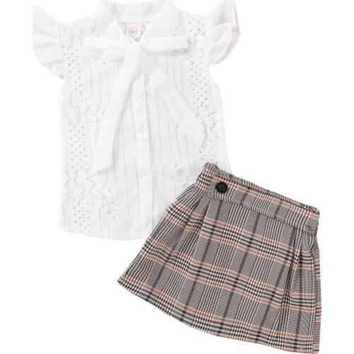 2pcs Kids Baby Girl Summer Clothes Lace Bowknot Ruffles Sleeve Tops+Pleated Plaids Skirt Outfit Set 1-6Y