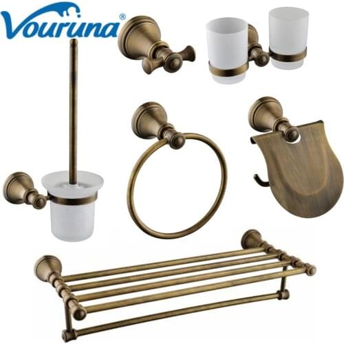 Vouruna Antique Brass Bath Hardware Set Vintage Robe Hook Towel Bar Rail Toilet Brush Holder Bathroom Accessory Set
