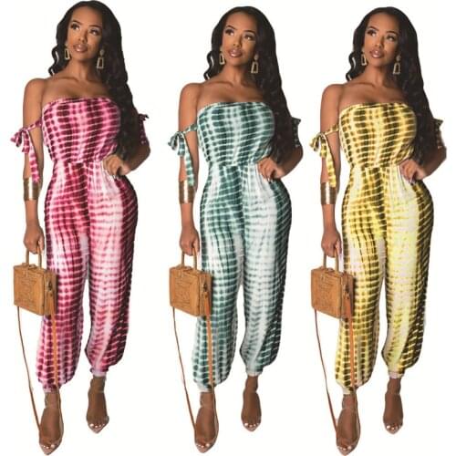 New Striped Tie Dye Print Strapless Jumpsuit Women Off Shoulder Bow Tie Summer Romper Sexy Streetwear Party Club Female Overalls