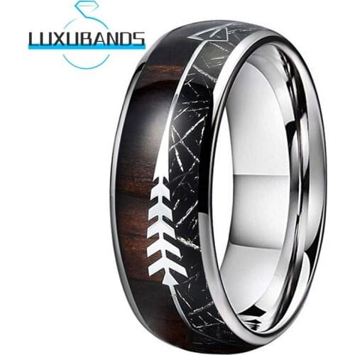 8MM Men Womens Wedding Rings Engagement Bands Black Meteorite Wood Middle Arrow Inlay Polished Finished Comfort Fit