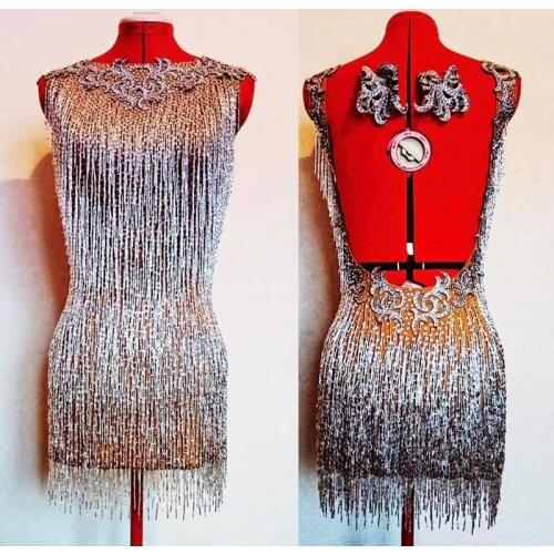 Beaded Fringe Latin Dance Dress Rhinestones Sexy Female singer performance clothing nightclub party birthday celebration dress