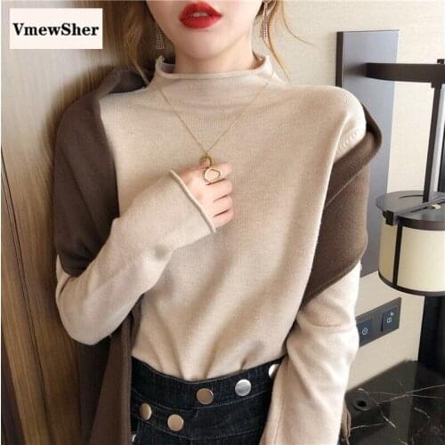 VmewSher New Mock Collar Pullovers Sweaters Women Autumn Winter Solid Knit Jumper Casual Loose Soft Bottoming Female Basic Top