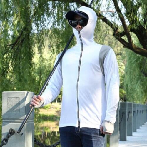 Long Sleeve Fishing Shirt Sun UV Protection Quick Dry Mosquito Protection Clothing with Zipper Hood and Arm Pocket -White