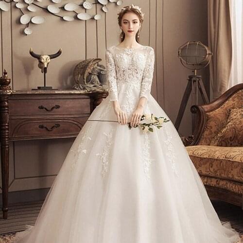 Wedding Dress Backless Fashion O-Neck Flowers Embroidery Full Sleeves Plus Size Wedding Gowns For Women Vestidos De Novia G054