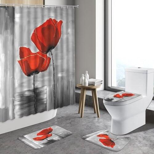 Red Flowers Poppies Pattern Fabric Shower Curtain Bathroom Bath Curtains Sets Non-Slip Rugs Toilet Cover Mats Home Decor Carpets