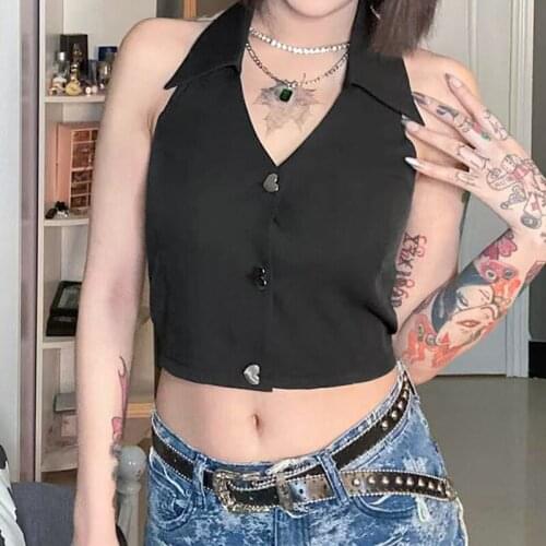 2021 New Womens Lapel Tank Tops, Sexy Sleeveless Halter V Neck Solid Color Button Down Crop Tops