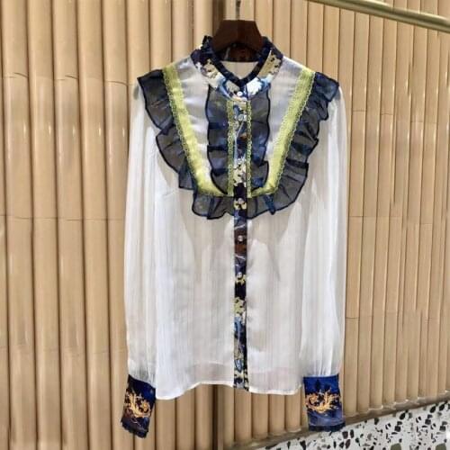 Runway 2 Pieces Sets Fashion White Ruffles Shirt+Slim Mini Skirt Flower Print Beading Diamonds Elegant Twinsets