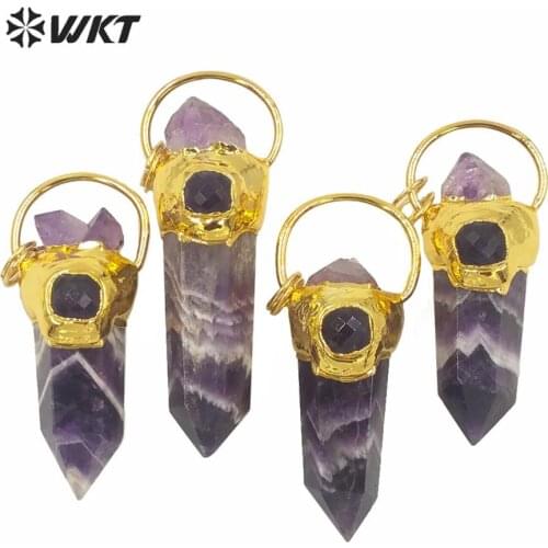 WT-P1580 Gorgeous gold electroplated a-methyst point pendant Unique natural real stone a-methyst spirit point pendant