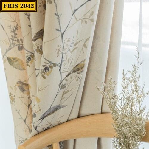 Bird Branch Retro Chinese Cotton Linen Curtain Cloth Printed Curtain Shading Finished Curtains for Living Dining Room Bedroom