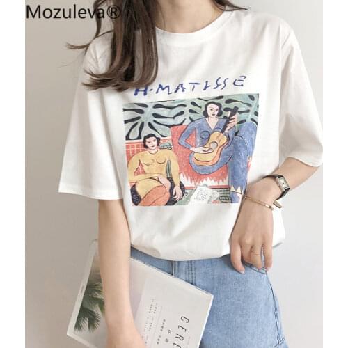 Mozuleva Style Gitar Print Women T-shirt Short Sleeve Loose Cotton 2021 Female Basic Tops Shirt Spring Summer Ladies Tees