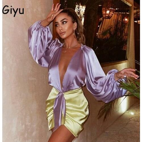 Giyu Sexy Satin Two Piece Set Women Club Party Deep V Neck Bodcyon Crop Top Dress Sets Autumn Long Sleeve 2 Piece Set Outfits