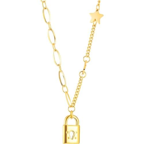 Layered Star lover Lock Pendant titanium steel Lady women long Necklace Fashion charming Jewelry Gold/ Rose Gold 18 inch